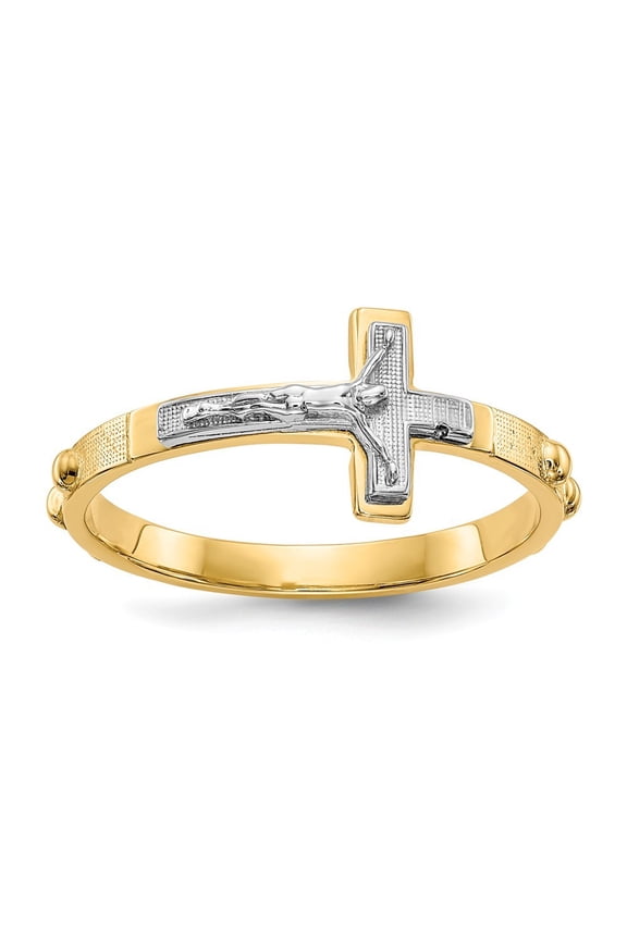 14K Two-Tone Gold Crucifix Rosary Ring - 2.1 Grams - Size 6