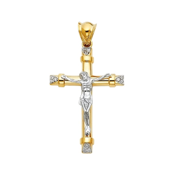 14K Two Tone Gold Cubic Zirconia Religious Crucifix Charm Pendant for Necklace Chain | Jewelry Gift for Men Women | 44 x 30 MM | 6.6 grams