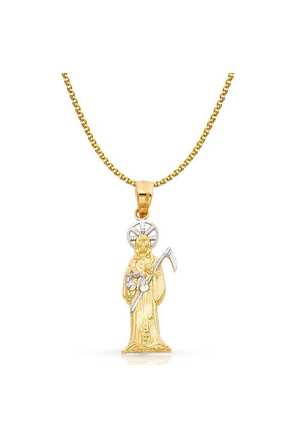 14K Two Tone Gold Devil Pendant with 1.4mm Flat Open Wheat Chain Chain Necklace - 16"