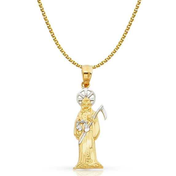 14K Two Tone Gold Devil Pendant with 1.5mm Flat Open Wheat Chain Chain Necklace - 22"