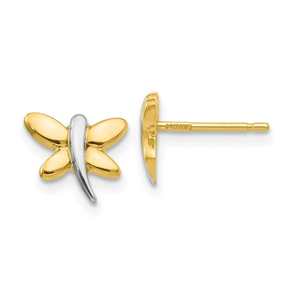14K Two-Tone Gold Earring Button Women'S 10 mm 8 With Rhodium Polished DragoNFLy Post Earrings