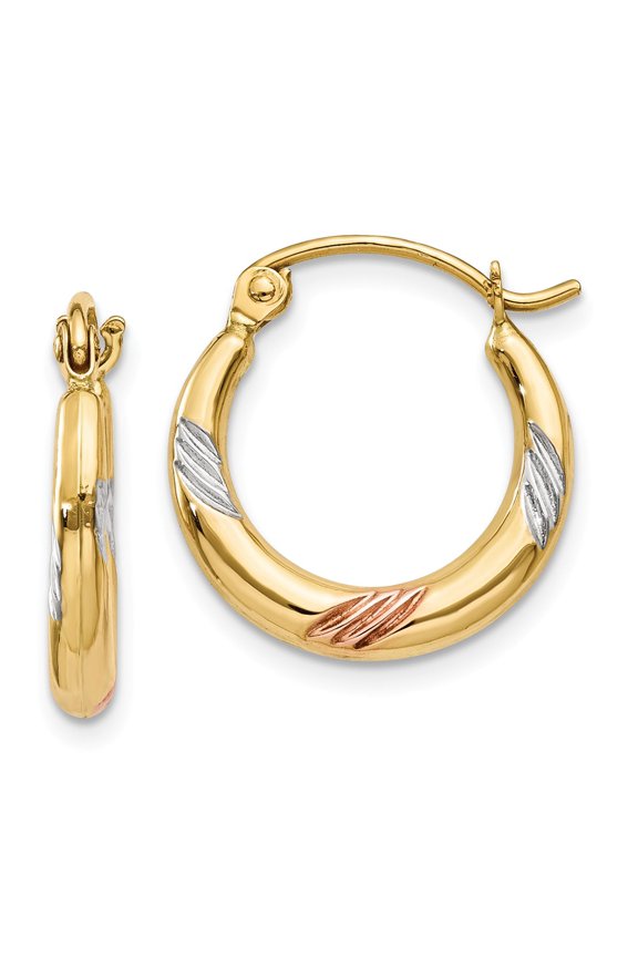 14K Two-Tone Gold Earring Hoop Women'S 14 mm 2 & White Rose Rhodium Polished Textured Earrings