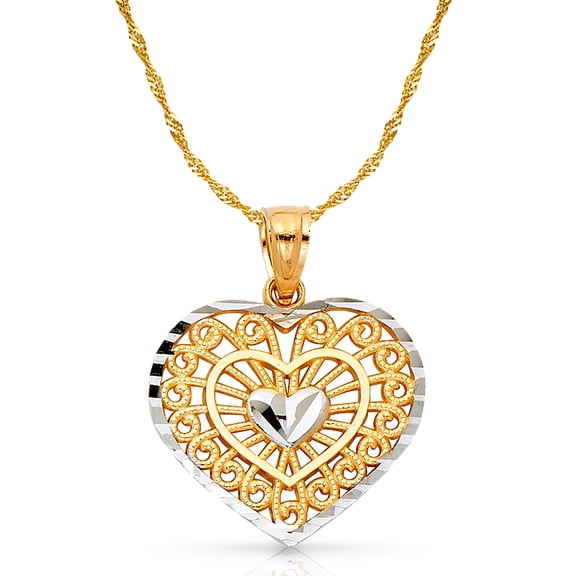 14K Two Tone Gold Fancy Inside Heart Charm Pendant with 1.2mm Singapore Chain Necklace - 18"