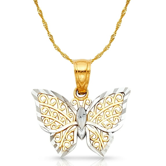 14K Two Tone Gold Fancy Monarch Butterfly Charm Pendant with 0.9mm Singapore Chain Necklace - 16"