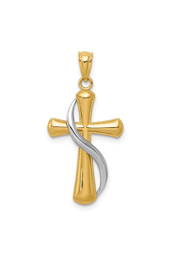 14K Two Tone Gold Flame Cross Pendant Charm Jewelry