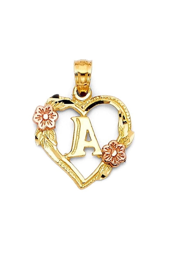 14K Two Tone Gold Flower & Heart-Shaped Initial A Pendant