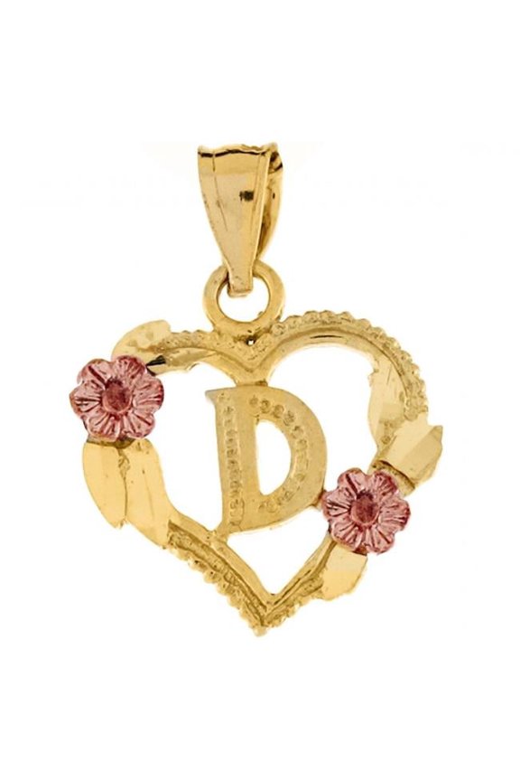 14K Two Tone Gold Flower & Heart-Shaped Initial D Pendant