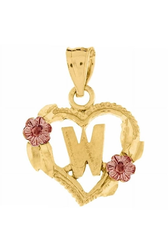 14K Two Tone Gold Flower & Heart-Shaped Initial W Pendant