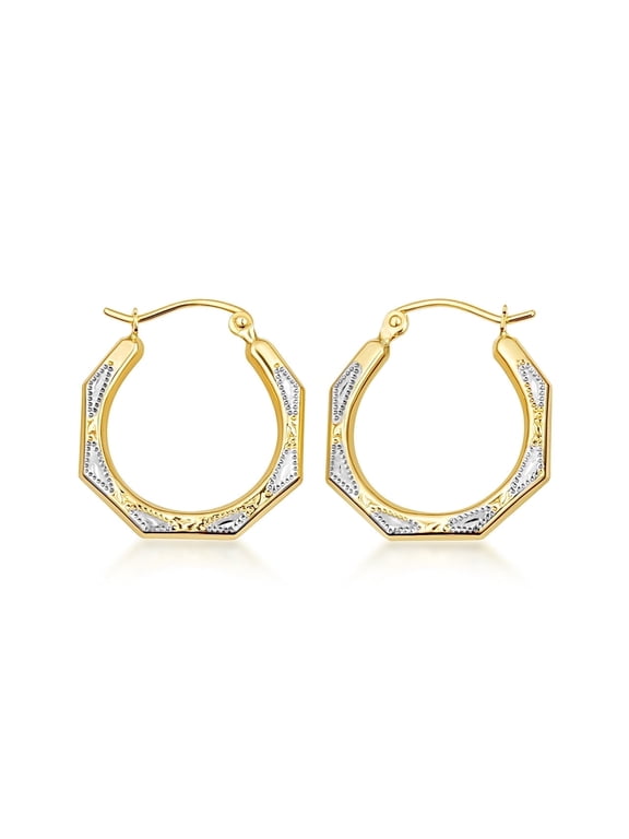 14K Two Tone Gold Hoop Textured Earrings