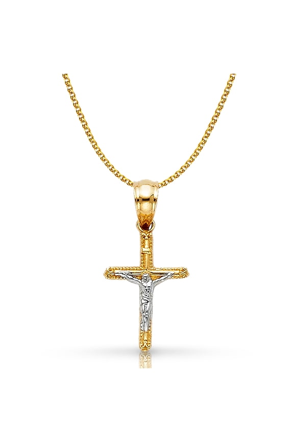 14K Two Tone Gold Jesus Crucifix Cross Pendant with 1.2mm Flat Open Wheat Chain Chain Necklace - 16"