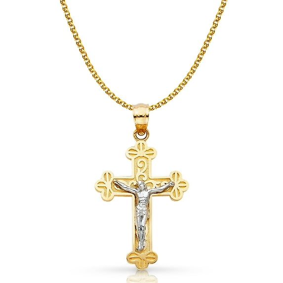 14K Two Tone Gold Jesus Crucifix Cross Pendant with 1.2mm Flat Open Wheat Chain Chain Necklace - 20"