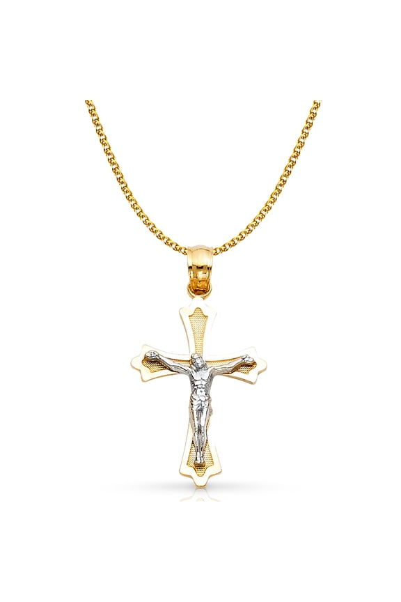 14K Two Tone Gold Jesus Crucifix Cross Pendant with 1.2mm Flat Open Wheat Chain Chain Necklace - 22"