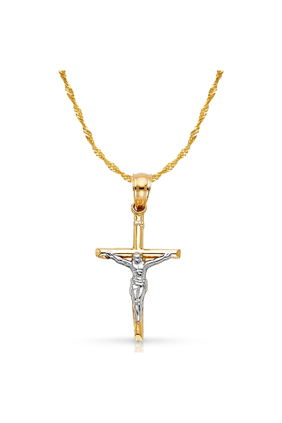 14K Two Tone Gold Jesus Crucifix Cross Pendant with 1.2mm Singapore Chain Chain Necklace - 16"