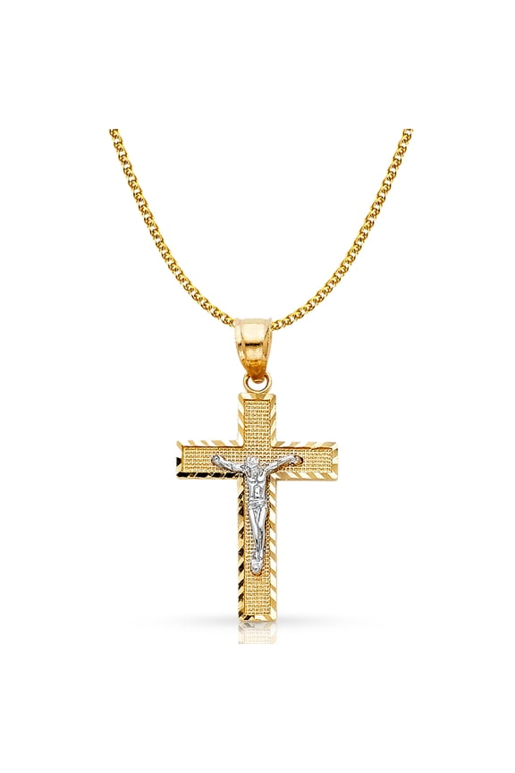 14K Two Tone Gold Jesus Crucifix Cross Pendant with 1.4mm Flat Open Wheat Chain Chain Necklace - 16"