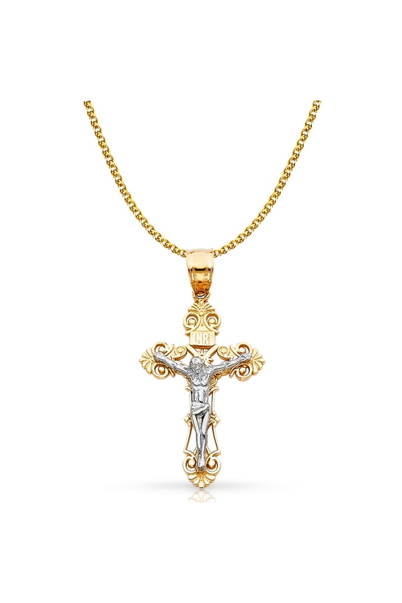 14K Two Tone Gold Jesus Crucifix Cross Pendant with 1.4mm Flat Open Wheat Chain Chain Necklace - 16"