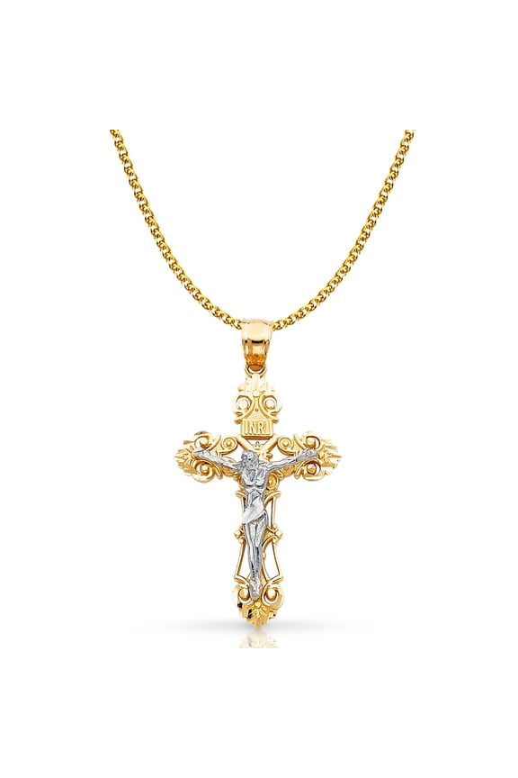 14K Two Tone Gold Jesus Crucifix Cross Pendant with 1.4mm Flat Open Wheat Chain Chain Necklace - 24"