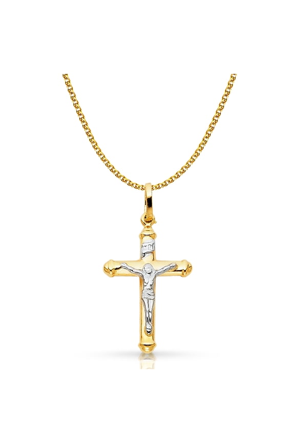 14K Two Tone Gold Jesus Crucifix Cross Pendant with 1.4mm Flat Open Wheat Chain Chain Necklace - 24"