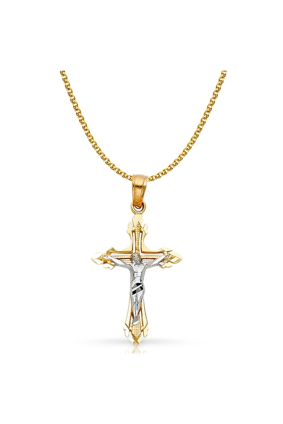 14K Two Tone Gold Jesus Crucifix Cross Pendant with 1.5mm Flat Open Wheat Chain Chain Necklace - 16"
