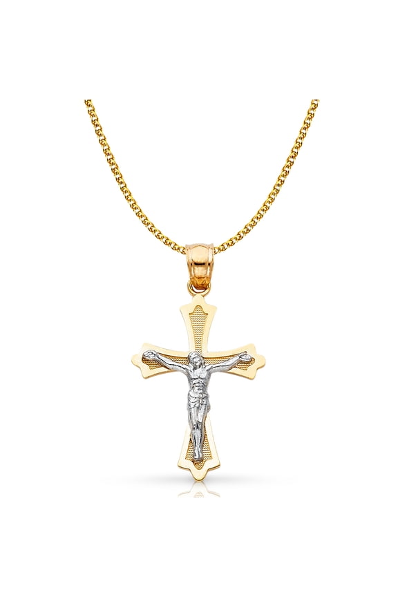 14K Two Tone Gold Jesus Crucifix Cross Pendant with 1.5mm Flat Open Wheat Chain Chain Necklace - 22"