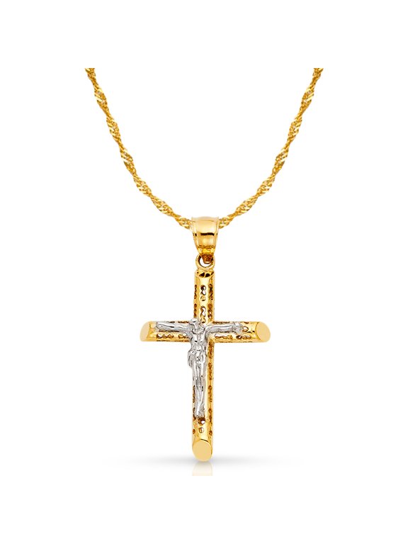 14K Two Tone Gold Jesus Crucifix Cross Pendant with 1.5mm Singapore Chain Chain Necklace - 16"