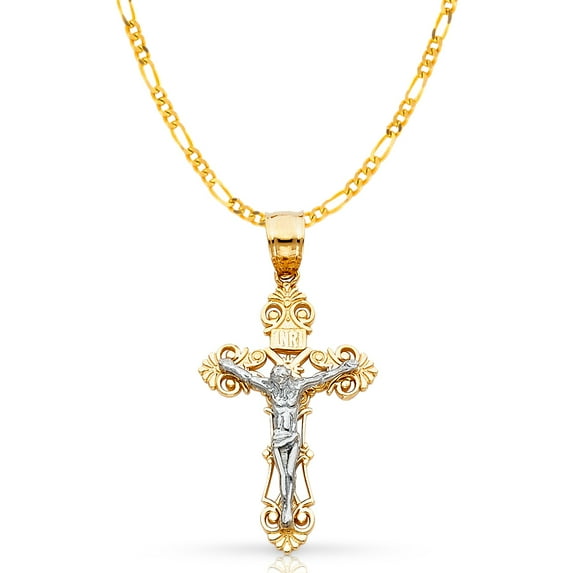 14K Two Tone Gold Jesus Crucifix Cross Pendant with 1.9mm Figaro 3+1 Chain Chain Necklace - 22"
