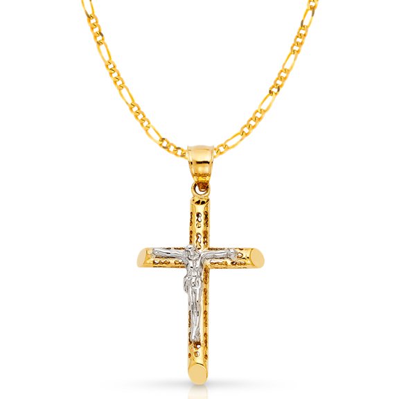 14K Two Tone Gold Jesus Crucifix Cross Pendant with 3.1mm Figaro 3+1 Chain Chain Necklace - 16"