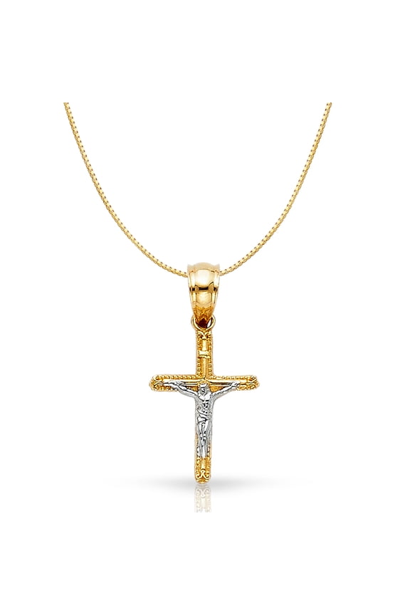 14K Two Tone Gold Jesus Crucifix Cross Religious Charm Pendant with 0.5mm Box Chain Necklace - 20"
