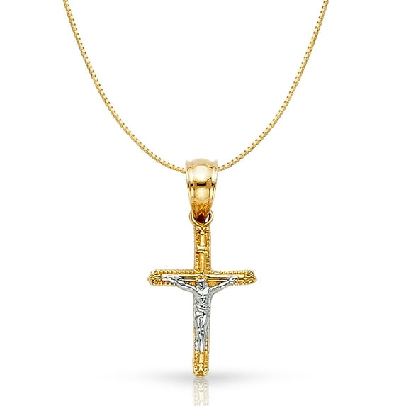 14K Two Tone Gold Jesus Crucifix Cross Religious Charm Pendant with 0.6mm Box Chain Necklace - 24"
