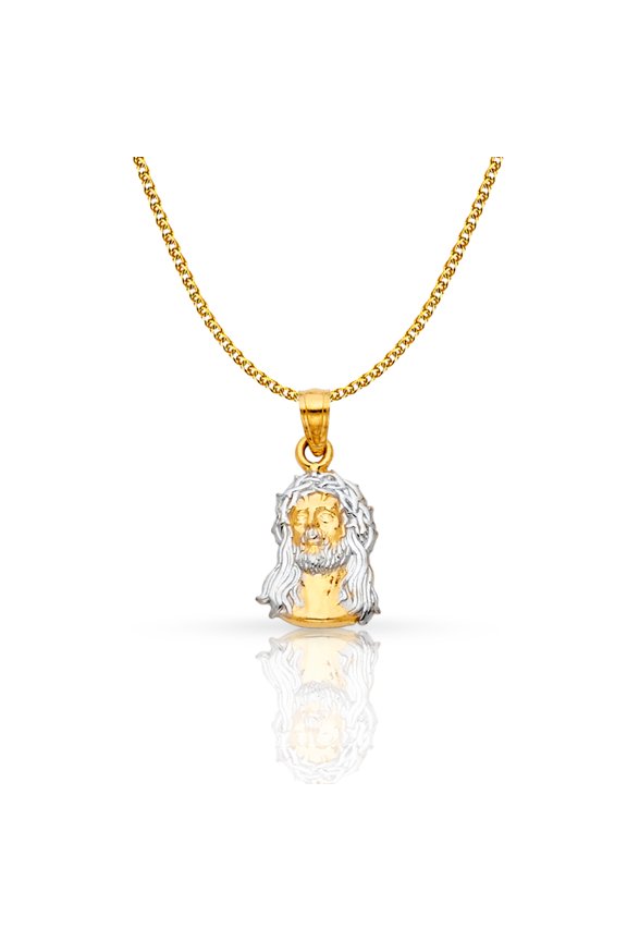 14K Two Tone Gold Jesus Face Pendant with 1.5mm Flat Open Wheat Chain Chain Necklace - 16"
