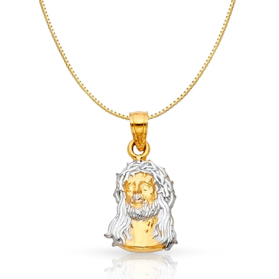 14K Two Tone Gold Jesus Face Religious Charm Pendant with 0.6mm Box Chain Necklace - 18"