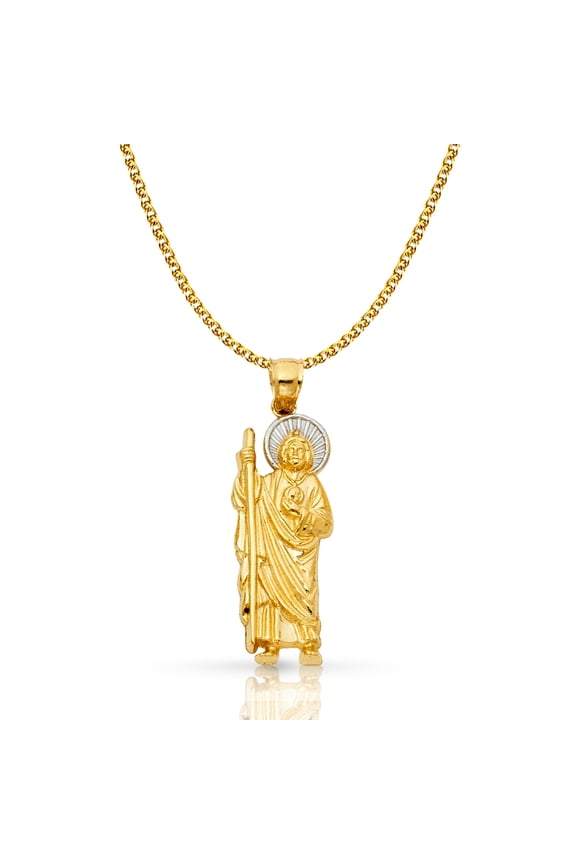 14K Two Tone Gold Jesus Pendant with 1.5mm Flat Open Wheat Chain Chain Necklace - 20"