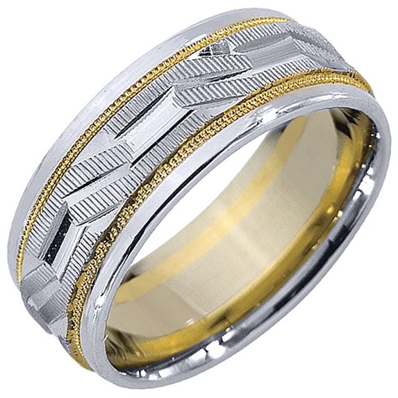 14K Two-Tone Gold Mens Wedding Band 7mm High Gloss Milgrain Comfort Fit