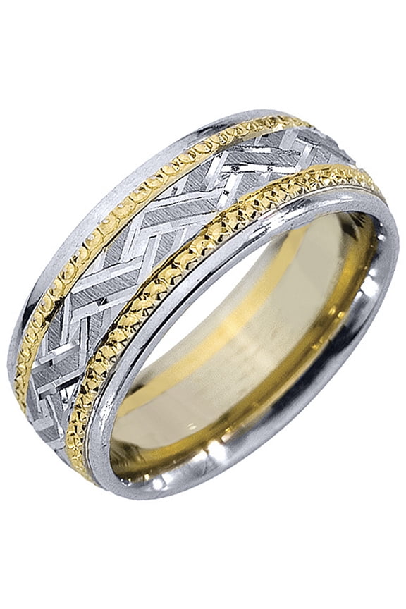 14K Two-Tone Gold Mens Wedding Band 7mm Satin Braided Comfort Fit