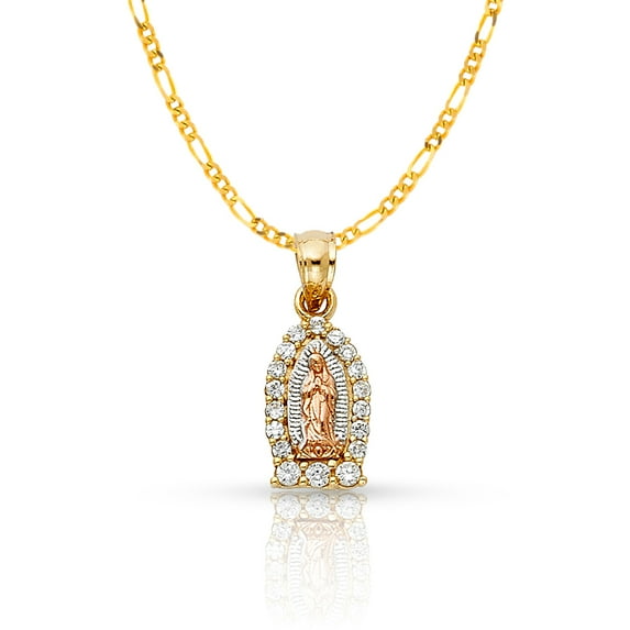 14K Two Tone Gold Our Lady of Guadalupe Cubic Zirconia CZ Charm Pendant with 1.2mm Figaro 3+1 Chain Necklace - 22"