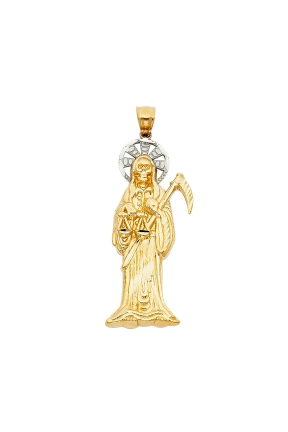14K Two Tone Gold Religious Santa Muerte Pendant | 2T Gold Charm Pendant for Necklace Chain | Jewelry Gift for Men Women | 47 x 20  MM | 5.0 grams