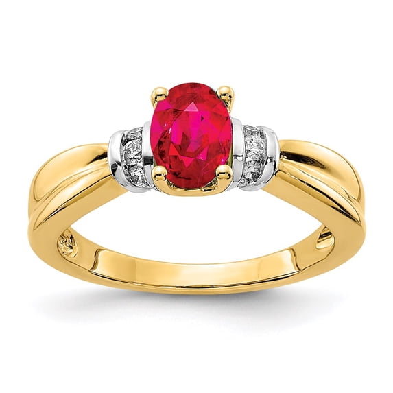 14K Two-Tone Gold Ring Band Gemstone Ruby Oval Red Diamond Round, Size 7