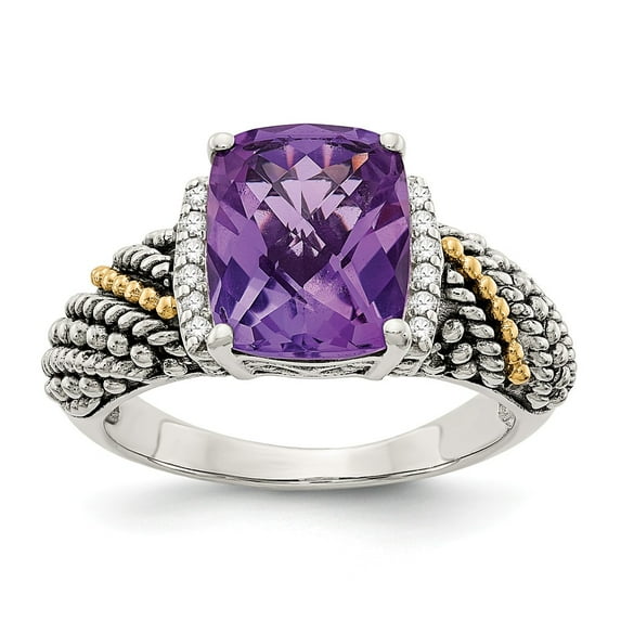 14K Two-Tone Gold Ring Band Gemstone Yellow Amethyst Cushion Purple Diamond Round