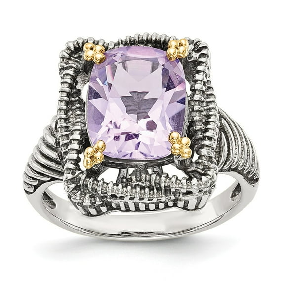 14K Two-Tone Gold Ring Band Gemstone Yellow Rose de France, Amethyst Cushion Purple