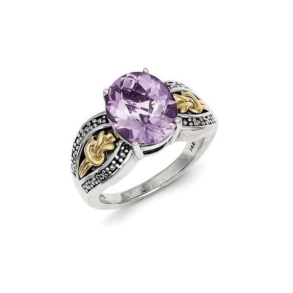 14K Two-Tone Gold Ring Band Gemstone Yellow Rose de France, Amethyst Oval Purple