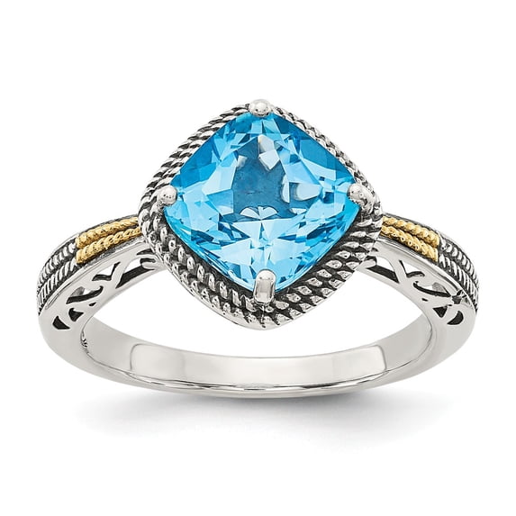14K Two-Tone Gold Ring Band Gemstone Yellow Swiss Blue Topaz Cushion