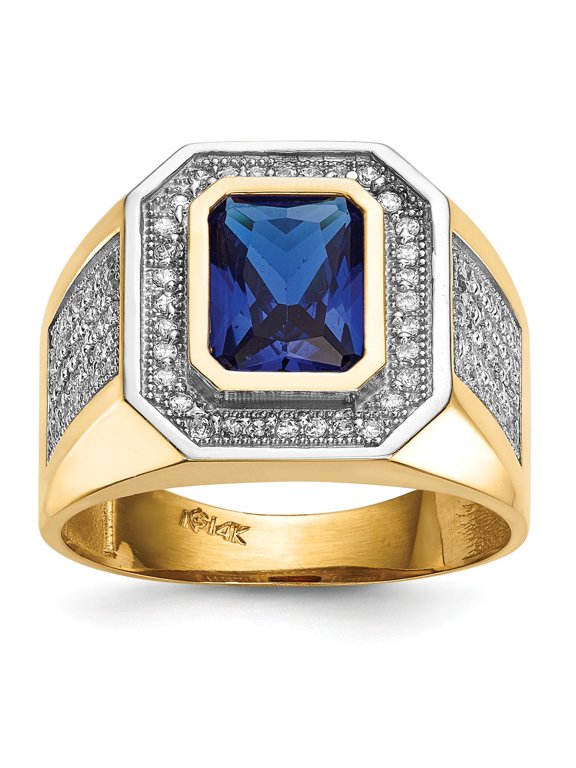 14K Two-Tone Gold Ring Band Men's White Open Back Faceted Cubic Zirconia CZ Clear Octagon Emerald Blue, Size 6