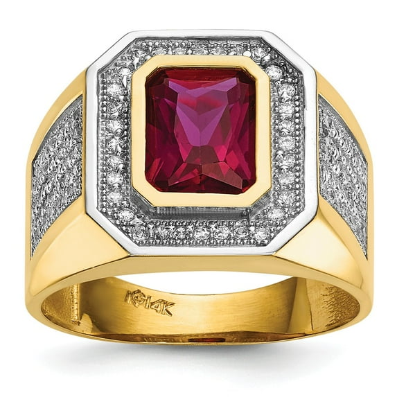 14K Two-Tone Gold Ring Band Men's White Open Back Faceted Cubic Zirconia CZ Clear Octagon Emerald Red