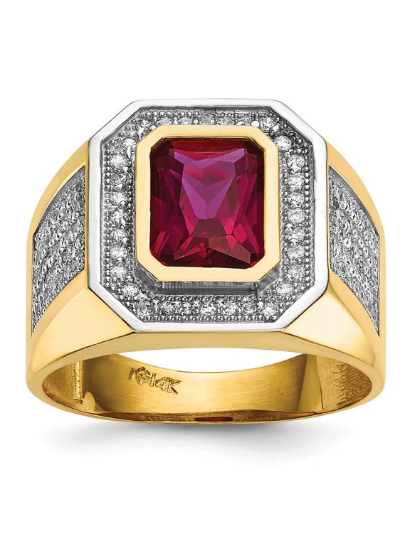 14K Two-Tone Gold Ring Band Men's White Open Back Faceted Cubic Zirconia CZ Clear Octagon Emerald Red