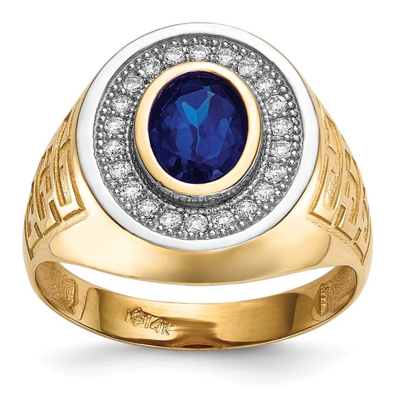 14K Two-Tone Gold Ring Band Men's White Open Back Faceted Patterned Cubic Zirconia CZ Clear Oval Blue