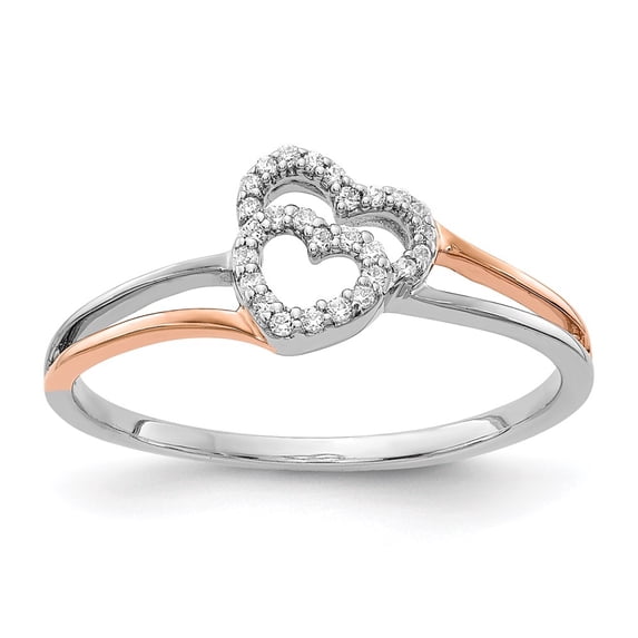 14K Two-Tone Gold Ring Band Themed Diamond Round White and Rose Polished Double Heart, Size 5