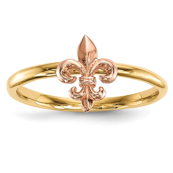 14K Two-Tone Gold Ring Band Themed Textured Back Polished Fleur de Lis