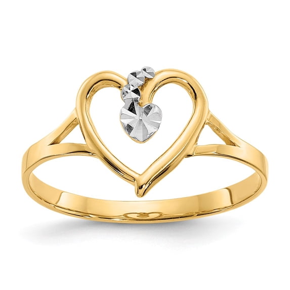 14K Two-Tone Gold Ring Band Themed & White Rhodium Polished Heart