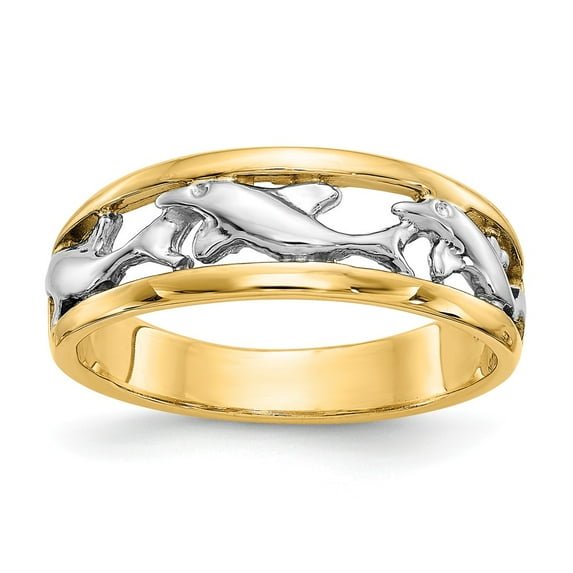 14K Two-Tone Gold Ring Band Themed With Rhodium Dolphin, Size 6