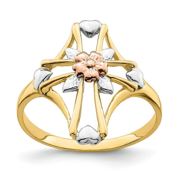 14K Two-Tone Gold Ring Band Themed Yellow & Rose with Rhodium Polished Cross with Flower