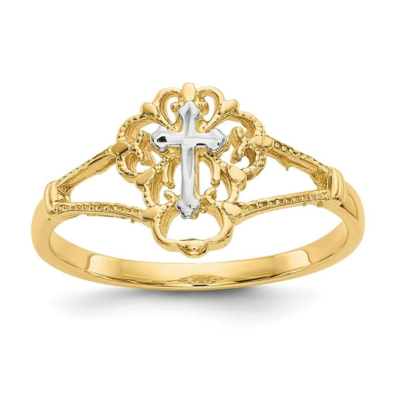 14K Two-Tone Gold Ring Band Themed diamond-cut Cross